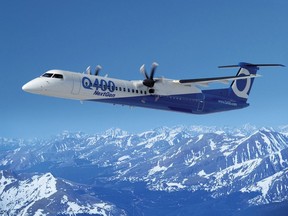 A Feb 2012 handout photo of Bombardier turboprop Q400 NextGen plane. Handout/ Bombardier.