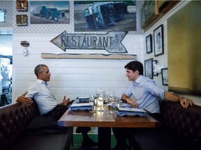 Celine Cooper wonders whether the decision to release this photo of Prime Minister Justin Trudeau and former U.S. president Barack Obama meeting at Liverpool House in Montreal June 6 amounted to enhancing the Liberal brand at the expense of relations with a United States now led by the "erratic and deeply insecure" Donald Trump.