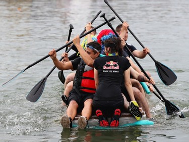 The Scuderia Toro Rosso team at the raft race during qualifying for the Canadian Formula One Grand Prix at Circuit Gilles Villeneuve on June 10, 2017, in Montreal.