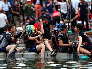 The Scuderia Toro Rosso team at the raft race during qualifying for the Canadian Formula One Grand Prix at Circuit Gilles Villeneuve on June 10, 2017, in Montreal.