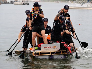 Red Bull Racing Team Principal Christian Horner and the Red Bull Racing at the raft race after qualifying for the Canadian Formula One Grand Prix at Circuit Gilles Villeneuve on June 10, 2017, in Montreal.