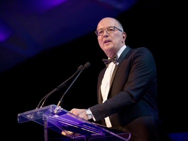 PODIUM PERFECTION: From left, Ball president, Emilio B. Imbriglio addresses the crowd at the annual ICCF Governors' Ball "The Party" in Windsor Station's Salle des pas perdus.