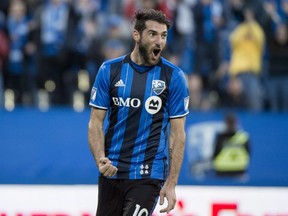 Montreal Impact midfielder Ignacio Piatti celebrates a penalty-kick goal against the Vancouver Whitecaps during first half of the second leg Canadian Championship semifinal Tuesday, May 30, 2017 in Montreal.