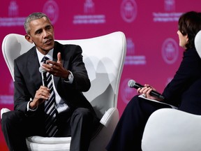 Former U.S. President Barack Obama answers questions from Gaz Metropolitan head Sophie Brochu after delivering speech sponsored by the Chamber of Commerce of Metropolitan Montreal in Montreal Tuesday June 6, 2017.