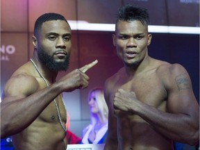 Light heavyweights Jean Pascal, left, from Laval, Quebec, and Eleider Alvarez, from Colombia, poses for the cameras after their weigh-in Friday, June 2, 2017 in Montreal. The pair will fight on the undercard of the Adonis Stevenson-Andrzej Fonfara WBC Light Heavyweight Championship fight June 3, 2017 at the Bell Centre.