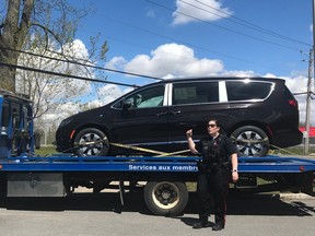 Kahnawake Peacekeepers Officer Jennifer Stacey stops a potential fraudulent vehicle purchase May 12 on the Kahnawake Mohawk Territory. The vehicle was destined to a member of the Mikinak community, which is not recognized by Indigenous and Northern Affairs Canada, Stacey says.