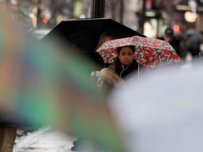 Julie-Ann Sansaricq is lost in a sea of umbrellas during a rainfall in Montreal April 6, 2017.