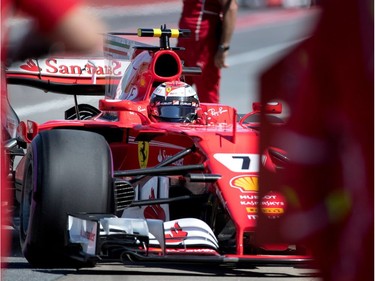 Kimi Raikkonen of Ferrari stops for a pit stop during the morning practice session at the Canadian Formula 1 Grand Prix at Circuit Gilles Villeneuve in Montreal on Saturday June 10, 2017.