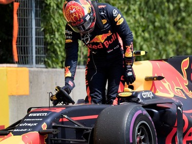 Max Verstappen of Red Bull Racing abandons his car during the Canadian Formula 1 Grand Prix at Circuit Gilles Villeneuve in Montreal on Sunday, June 11, 2017.