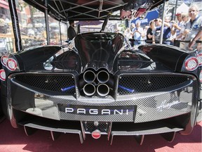 This 2016 Pagani Huayra, on display on de Maisonneuve Blvd. W. just west of Crescent St., has a 6-litre, 12-cylinder, twin-turbo engine that produces 730 horsepower and can reach a top speed of 370 km/h. The entire chassis is made of carbon fibre.