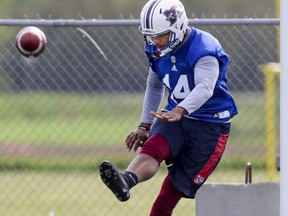 Alouettes kicker Boris Bede practices kick-offs during training camp at Bishop's University in Lennoxville on May 29, 2017.
