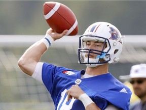 Quarterback Matthew Shiltz throws a pass during Montreal Alouettes training camp at Bishops University in Lennoxville, southeast of Montreal Monday May 29, 2017.