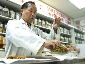 Shi Wing Wong measures herbs for packaging at Wing Kong Tong Herbes de Chine on Clarke avenue in Chinatown, Tuesday November 28, 2006. A recent study shows traditional Chinese medicine may effectively treat cardiac diseases.