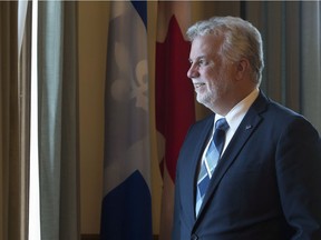 Quebec Premier Philippe Couillard during an interview with The Canadian Press Wednesday, May 31, 2017 at his office in Quebec City. Couillard called on the prime minister to read his plan on eventually launching new constitutional talks before closing the door on the matter.