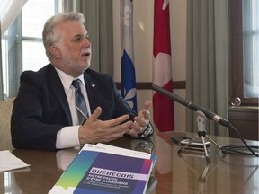 Quebec Premier Philippe Couillard during an interview with The Canadian Press Wednesday, May 31, 2017 at his office in Quebec City.