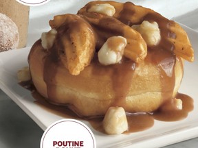 Tim Hortons describes the poutine donut as a "Honey Dip Donut topped with potato wedges, gravy and cheese curds."