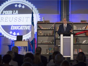 Quebec Premier Philippe Couillard speaks at a news conference to unveil new policies on education, Wednesday, June 21, 2017 in Quebec City.