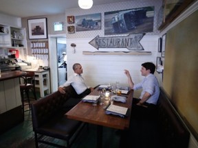 Former U.S. President Barack Obama and Canadian Prime Minister Justin Trudeau grab bite to eat at Liverpool House in Montreal, June 6, 2017.