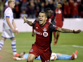 Toronto FC forward Sebastian Giovinco celebrates his game-winning goal in second half Canadian Championship soccer action against the Impact, in Toronto on Tuesday, June 27, 2017.