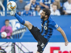 Montreal Impact midfielder Ignacio Piatti kicks the ball during first half of the first leg of the Canadian Championship soccer final action, in Montreal on Wednesday, June 21, 2017.