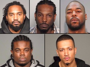Top row: Edrick Antoine, Léonard Faustin Étienne, Olivier Gay. Second row: Stanley Minuty, Kevin Tate. The five pleaded guilty on charges related a plot to kill Gaetan Gosselin and Vincenzo Scuderi in 2013.