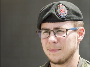Cpl. Vincent Lamarre, a fully transitioned Canadian LGBT soldier, is seen at the St. Jean Garrison, Thursday, June 15, 2017 in St. Jean-sur-Richilieu, Quebec. At 5-foot-5 and 140 pounds, the soldier was "petit gars" -- little boy -- to 41 male Canadian Forces comrades. To their Afghan army allies, the armed woman in full combat gear was an object of unwanted flirtation.