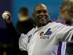 Former Montreal Expos Tim Raines was congratulated on making to the Baseball Hall of Fame prior to the start of the Pittsburgh Pirates - Toronto Blue Jays preseason game at Olympic Stadium in Montreal, on Friday, March 31, 2017.