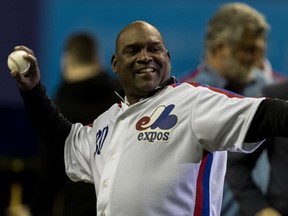 Former Montreal Expos Tim Raines was congratulated on making to the Baseball Hall of Fame prior to the start of the Pittsburgh Pirates - Toronto Blue Jays preseason game at Olympic Stadium in Montreal, on Friday, March 31, 2017.