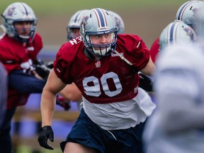 Michael Klassen takes part in the Montreal Alouettes training camp at Bishop's University in Lennoxville in May 2015. He will be on the field against the Als on Friday night.