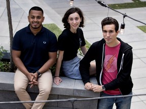 Hasan Ahmed, left to right, a tech developer student at Concordia University, Maya Botti, a legal and engineering student at Concordia and Peter Psyharis, a business student at McGill run BoxKnight, a local startup. The Trio are seen at the office in the Notman House in Montreal on Monday July 3, 2017.