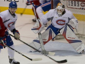 Goalie Michael McNiven is seen in action during a Montreal Canadiens' development camp  scrimmage at the Bell Sports Complex in Brossard on Monday, July 3, 2017.