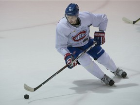 Lewis Zerter-Gossage moves the puck up the ice during the Montreal Canadiens development camp  at the Bell Sports Complex in Brossard on Monday, July 3, 2017.