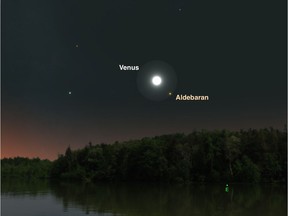 At dawn on July 14, brilliant white Venus is joined by the bright orange star Aldebaran, the eye of Tauruus, the bull constellation, making for a stunning cosmic pairing in the eastern sky. (A. Fazekas, SkySafari)