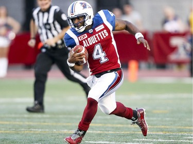 Montreal Alouettes quarterback Darian Durant runs for a long gain during first half of Canadian Football League game against the British Columbia Lions in Montreal Thursday July 6, 2017.