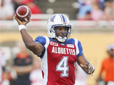 Montreal Alouettes Darian Durant throws a pass against the British Columbia Lions during first half of Canadian Football League game in Montreal Thursday July 6, 2017.