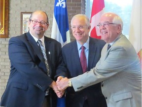 Jacques-Cartier MNA Geoffrey Kelley (left to right), Lac-Saint-Louis MP Francis Scarpaleggia and Beaconsfield Mayor Georges Bourelle following a joint funding announcement to improve the aqueducts and sewers in the city. (Photo courtesy City of Beaconsfield)