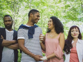 Repercussion Theatre's 2017 Shakespeare-in-the-Park production is Much Ado About Nothing. The 11-member cast includes, from left, Quincy Armorer (as Benedick), Dakota Jamal Wellman (as Claudio), Tiernan Cornford (as Hero) and Holly Gauthier-Frankel (as Beatrice).