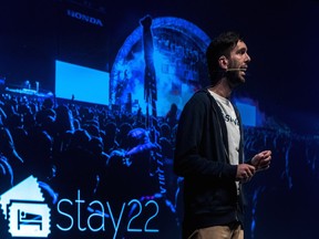 Andrew Lockhead, CEO of Stay 22, speaks to the audience at FounderFuel's Demo Day session on Tuesday, July 11, 2017.