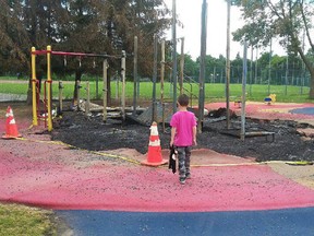 Arsonists set fire to a playground in Laval's Saint-Ernest Park Jan. 8, 2017.
