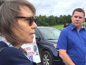 Ellen Gabriel has a tense exchange with Oka mayor Pascal Quevillon at site of a housing development in Oka on Wednesday, July 12, 2017.