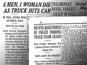 Montreal Gazette articles from July 17 and 18, 1934, following the July 16 collision of a tramway car and a truck that was transporting passengers unsafely from Ste. Agathe to Montreal.