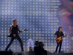 James Hetfield and Kirk Hammett (R) of Metallica perform in concert on Parc Jean-Drapeau in Montreal, Quebec, July 19, 2017.