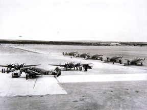 A group of Lockheed Hudson Bombers at Gander International Airport prior to departure for England.