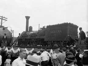 The English-made Dorchester engine sits on display in St. Jean sur Richelieu, Que., in 1936, one hundred years after its initial voyage on Canada's first rail line, the Champlain and St. Lawrence Railroad, which ran between the Quebec towns of La Prairie and St. Jean.