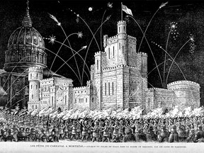 Storming of the Ice Palace by snowshoers armed with fireworks was a ritual at Montreal's annual winter carnival celebrations in Dominion Square from 1883-1889.