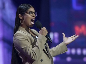 Lilly Singh entertains the crowd during a gala at the Just for Laughs comedy festival at Place des Arts in Montreal on Sunday, July 30, 2017.