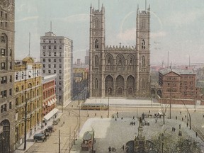 Detail from postcard of Notre Dame Basilica overlooking Place d'Armes.