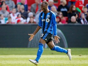 Ballou Tabla of Montreal Impact celebrates after scoring a goal against the Chicago Fire during the second half at Toyota Park on April 1, 2017 in Bridgeview, Illinois.