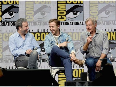 Seen here at Comic-Con 2017 in San Diego, Blade Runner 2049 star Ryan Gosling (centre, left of director Denis Villeneuve) has been nominated for two lead actor Oscars (La La Land and Half Nelson). Co-star Harrison Ford (right) has been nominated just once, in 1986 for Witness. (Photo by Kevin Winter/Getty Images)