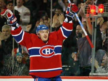 Andrei Markov #79 of the Montreal Canadiens celebrates his second-period goal against the Vancouver Canucks at the Bell Centre on February 24, 2009 in Montreal, Quebec, Canada.